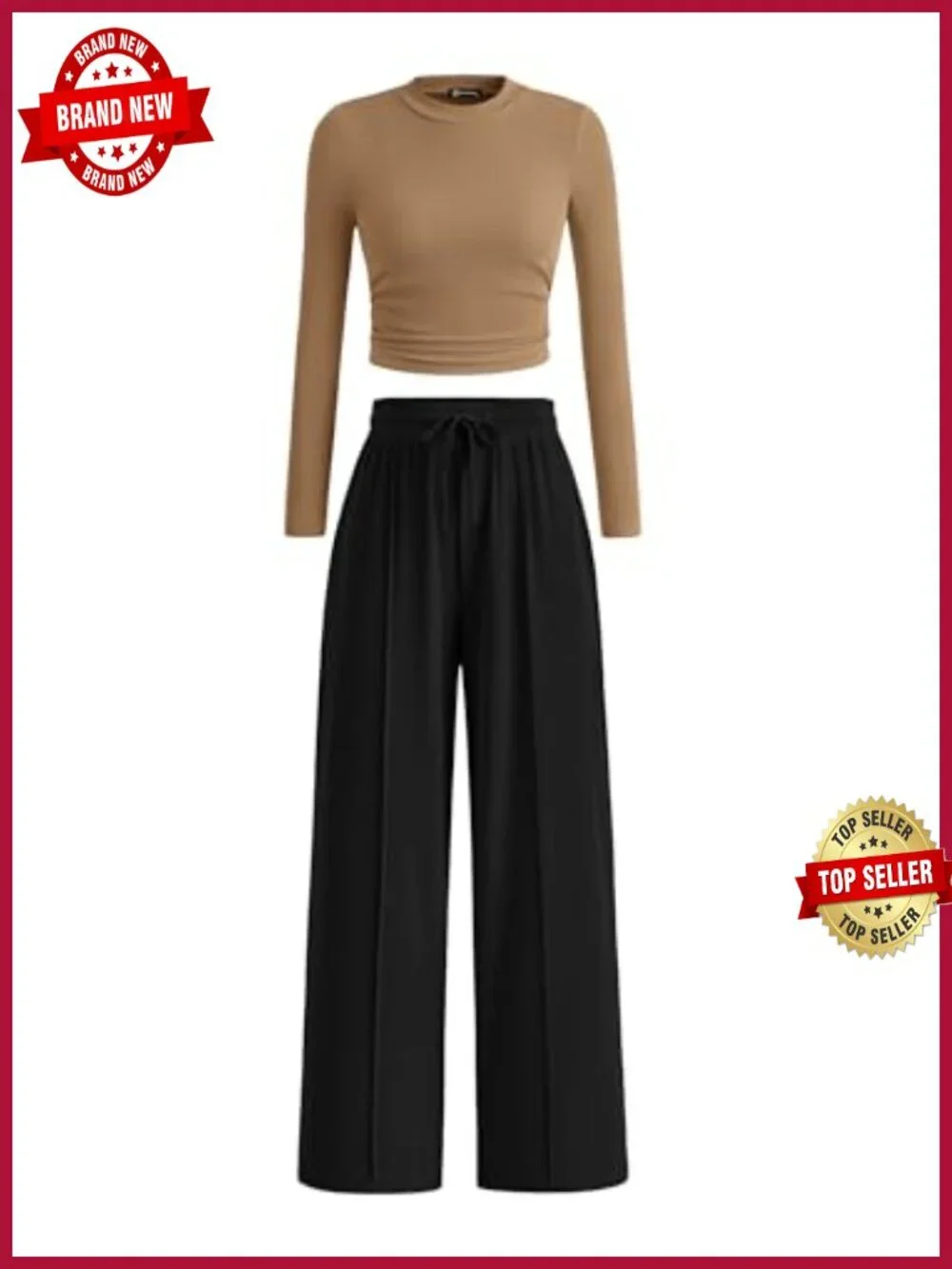 Two Piece Ribbed Knit Lounge Set Crop Top Wide Leg Pants